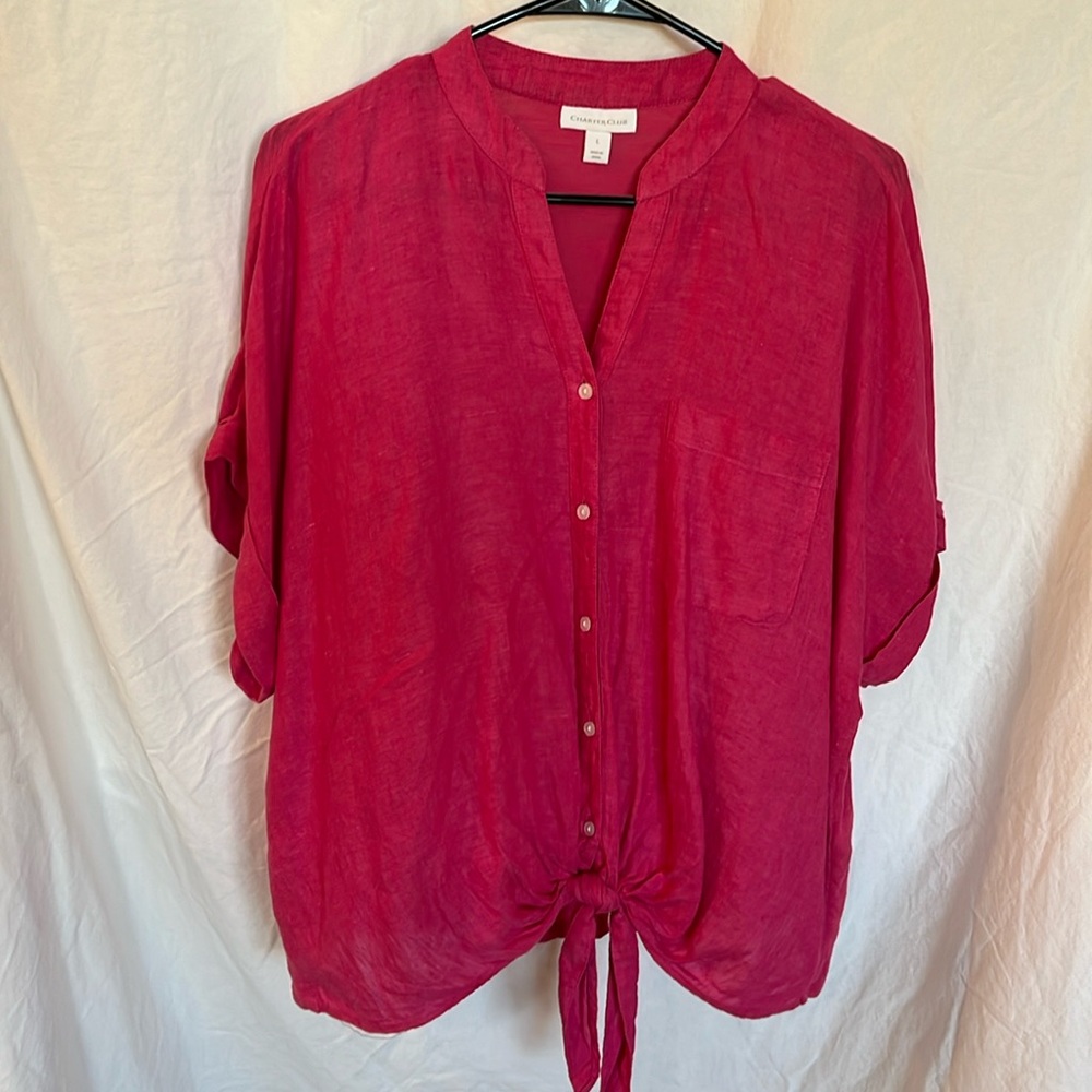 HOT PINK WOVEN COTTON LINEN BLOUSE W/TIE at Waist